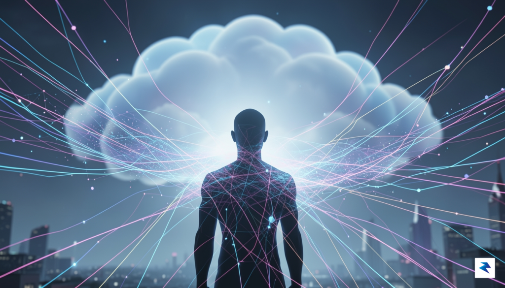 An intricate digital illustration showing a human silhouette connected to…