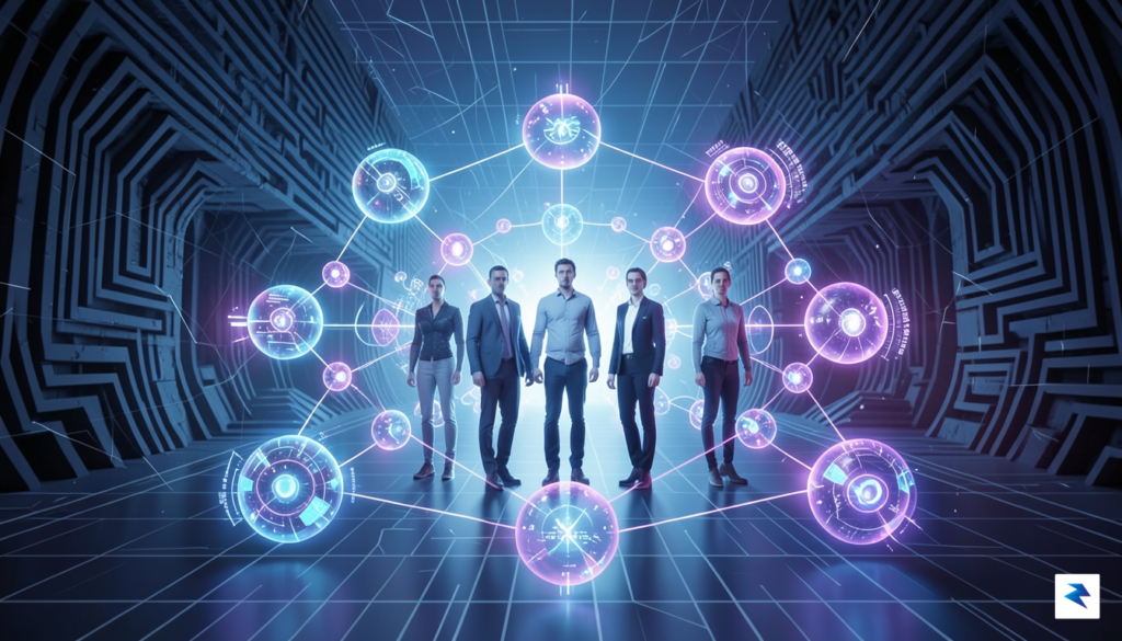A conceptual illustration showing a digital ecosystem where human figures…