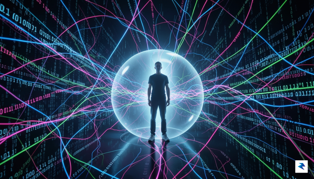 A conceptual digital illustration showing a person standing in a…
