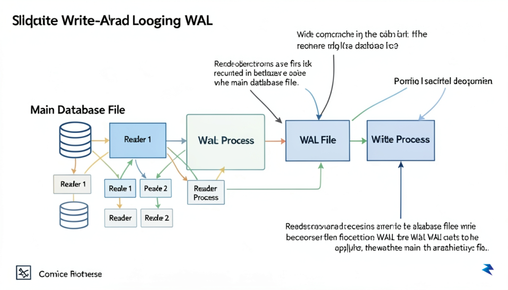 A technical diagram illustrating the SQLite WAL architecture, showing the…