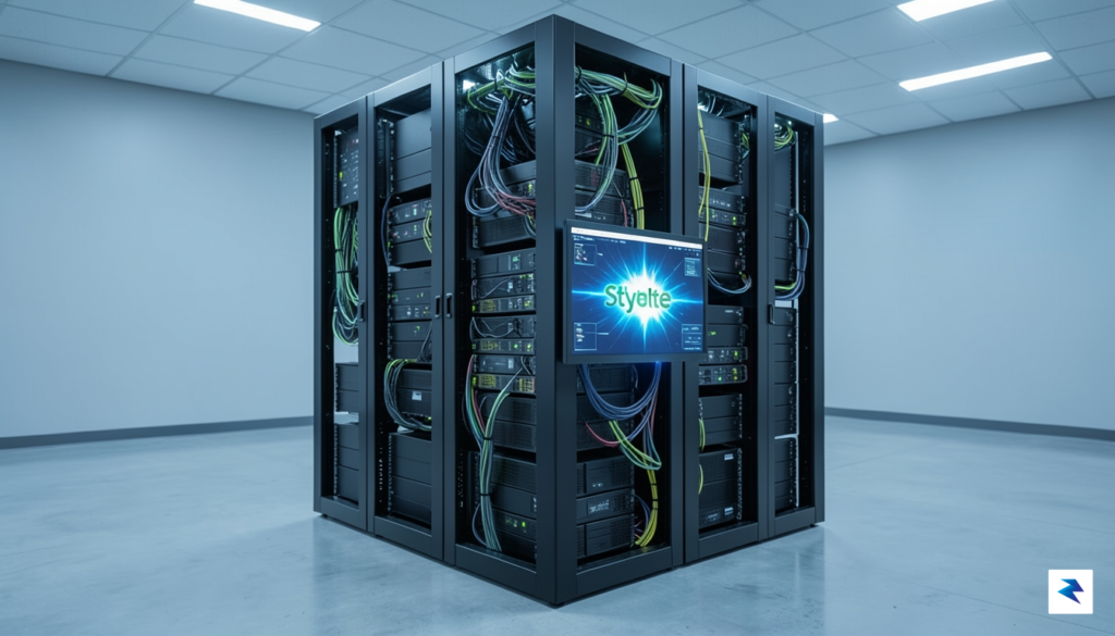 A clean, professional data center server rack with a glowing…