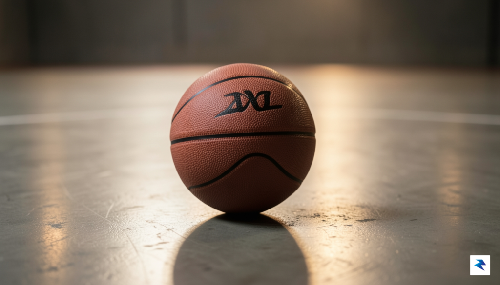 A high-quality, cinematic shot of a minimalist basketball with a…