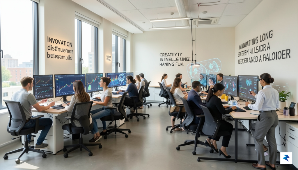 A professional, modern workspace showing diverse employees collaborating with digital…