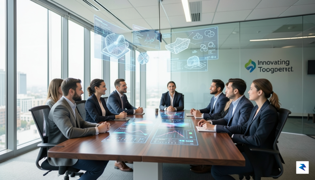 A modern, brightly lit office environment where diverse professionals are…