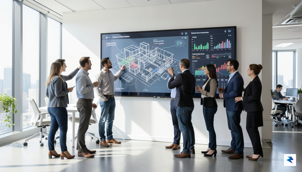 A diverse team of professionals in a bright, modern office…