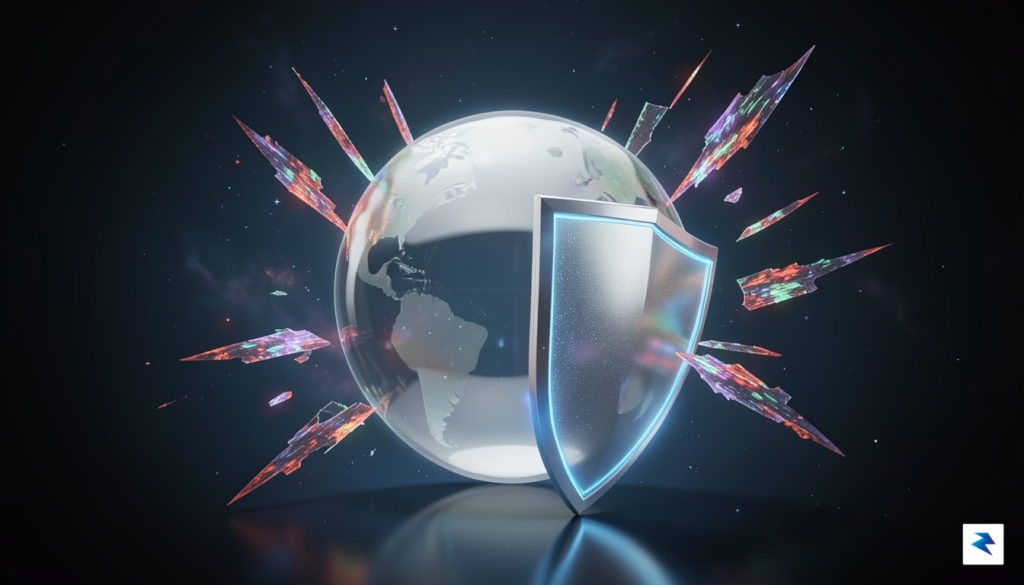 A conceptual illustration showing a digital shield protecting a transparent…