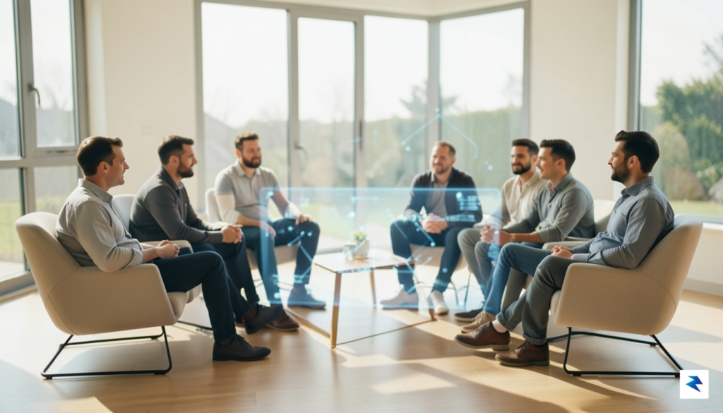 A soft-focus, cinematic shot of a diverse group of men…