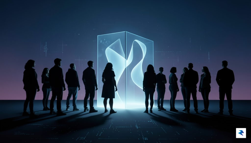 A conceptual digital art piece showing a group of diverse…