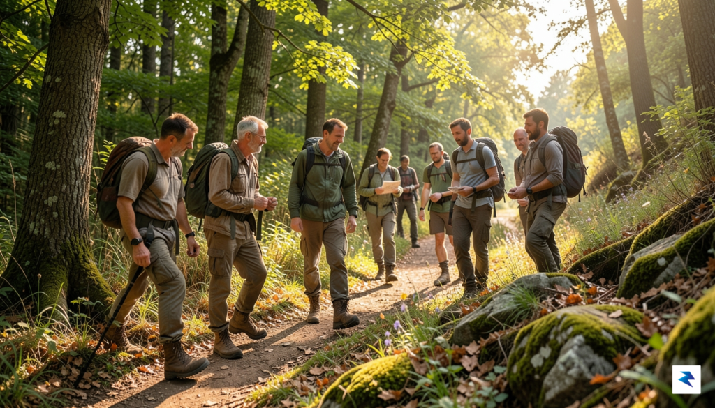 A diverse group of men engaged in an outdoor hobby,…