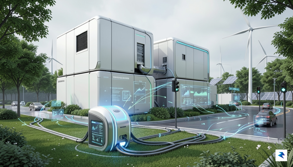 A sleek, futuristic modular data center powered by a small…