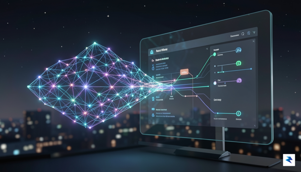 A conceptual digital illustration of a glowing, complex neural network…