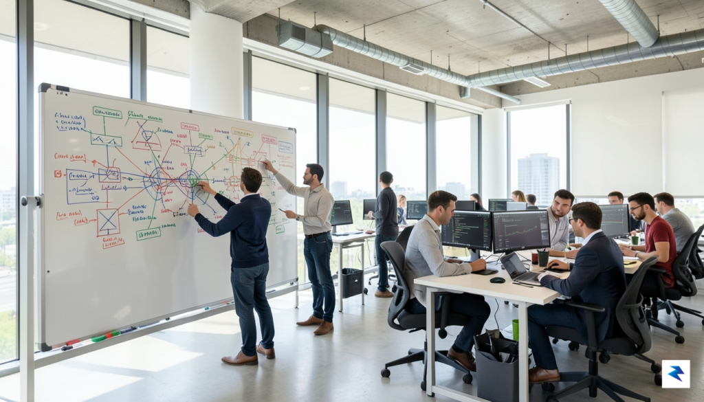 A modern, open-plan office space featuring a diverse team of…
