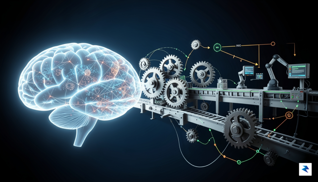 A conceptual illustration showing a sleek, glowing digital brain transitioning…