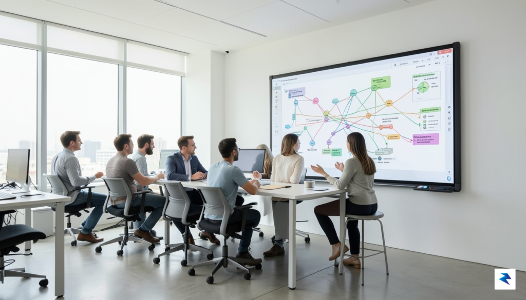 A modern, minimalist office space where a diverse team of…