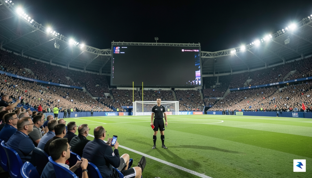 A wide-angle shot of a crowded football stadium at night,…