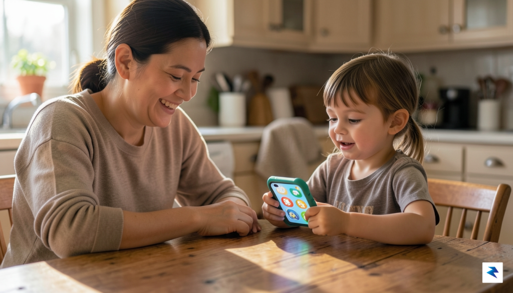 A candid shot of a parent sitting at a kitchen…