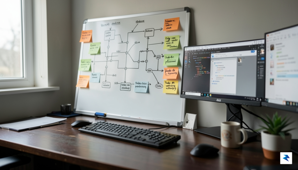 A close-up, high-quality photograph of a software engineer’s desk showing…
