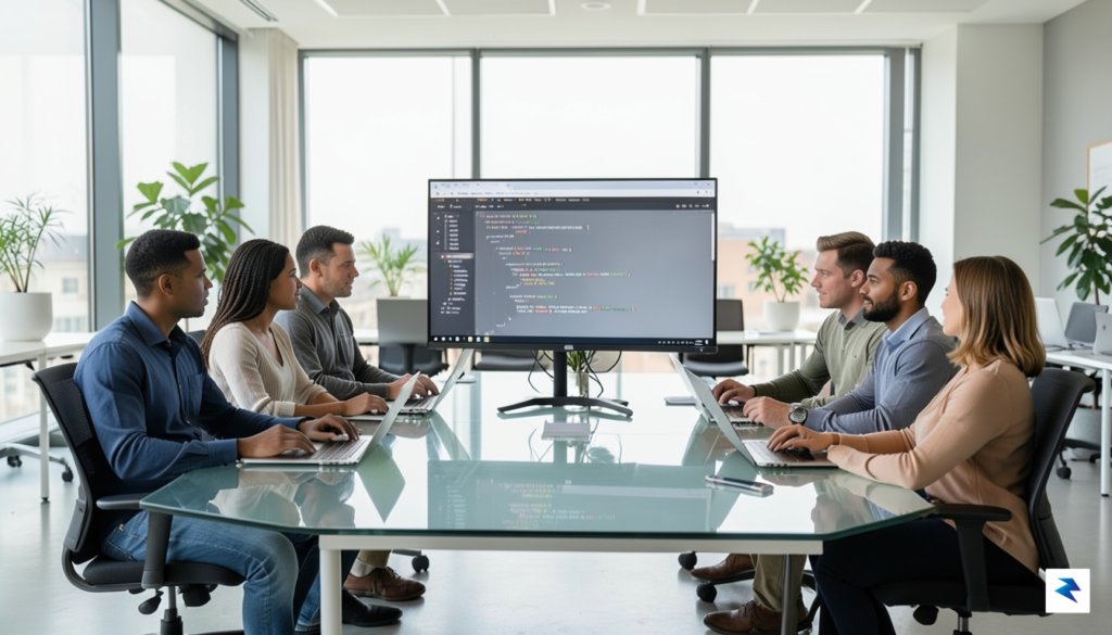 A modern, minimalist office space with a diverse engineering team…