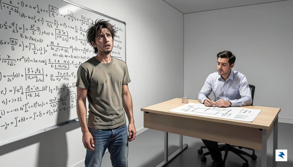 A digital illustration showing a stressed developer at a whiteboard…