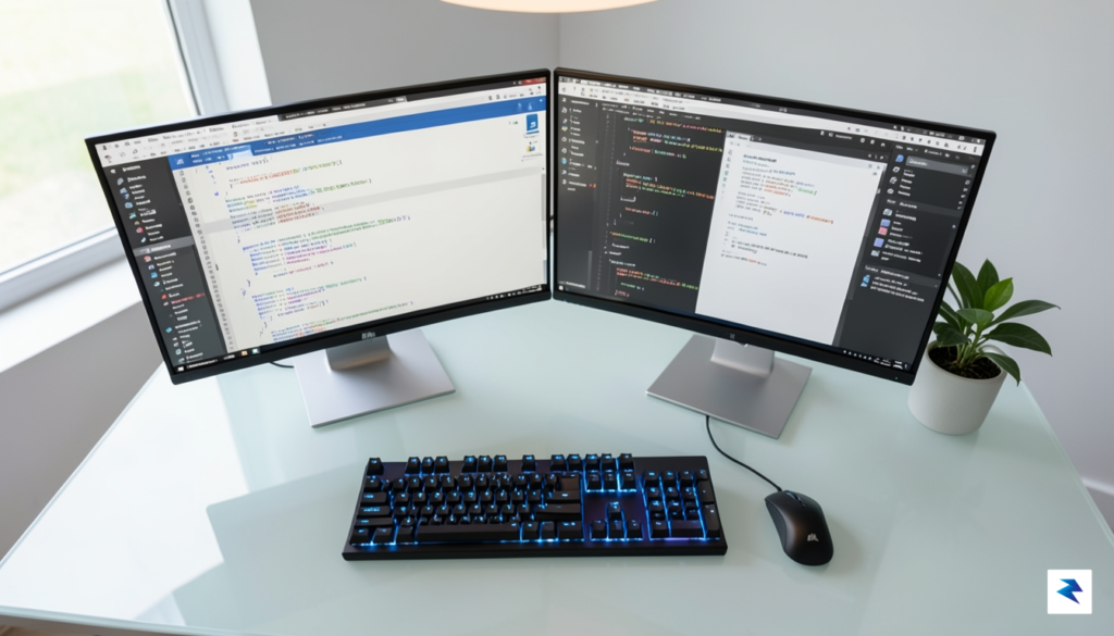 An overhead perspective of a clean, modern developer workstation featuring…