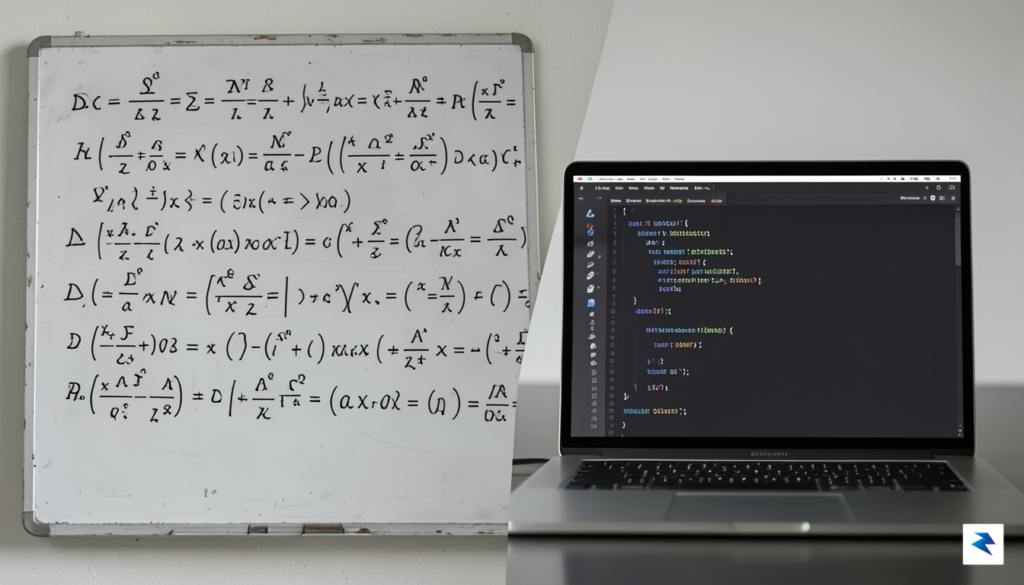 A modern, split-screen composition showing an old-fashioned whiteboard with complex…