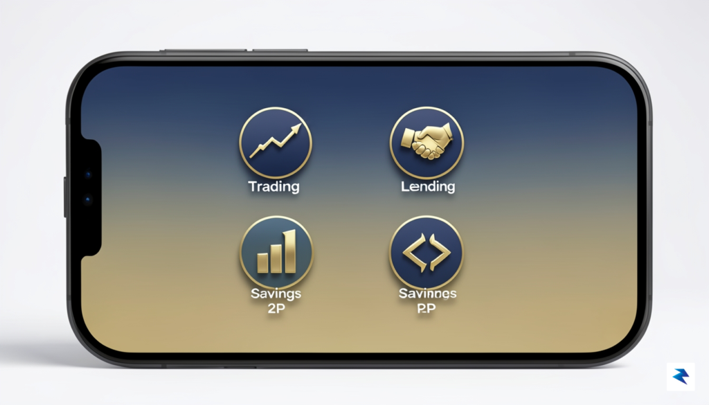 A sleek, modern smartphone screen displaying a futuristic financial dashboard…