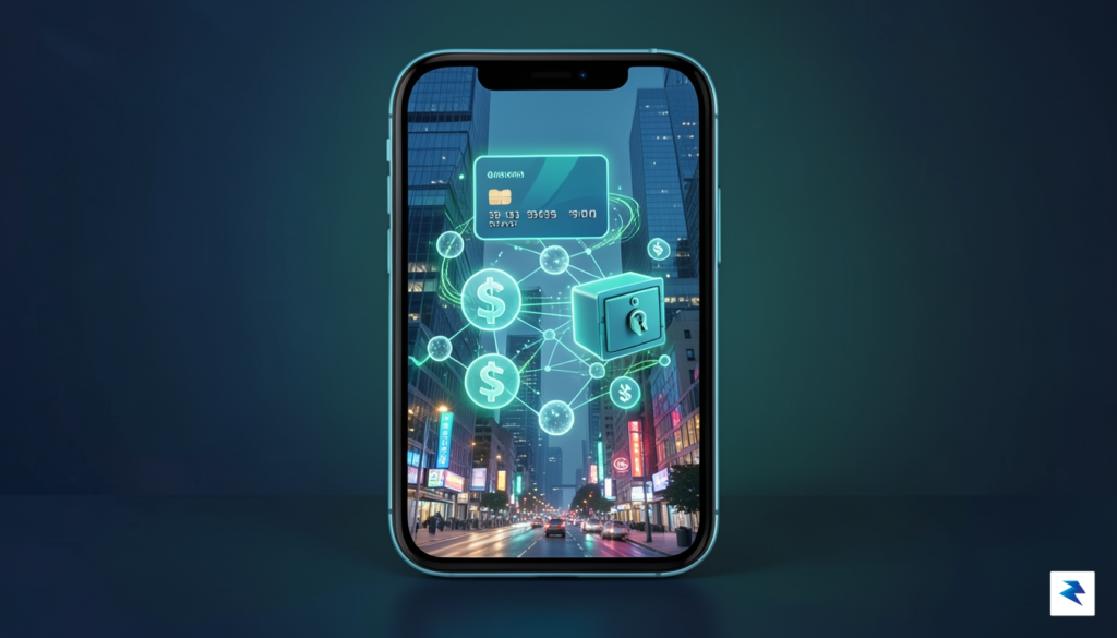 A conceptual digital illustration showing a futuristic smartphone interface blending…