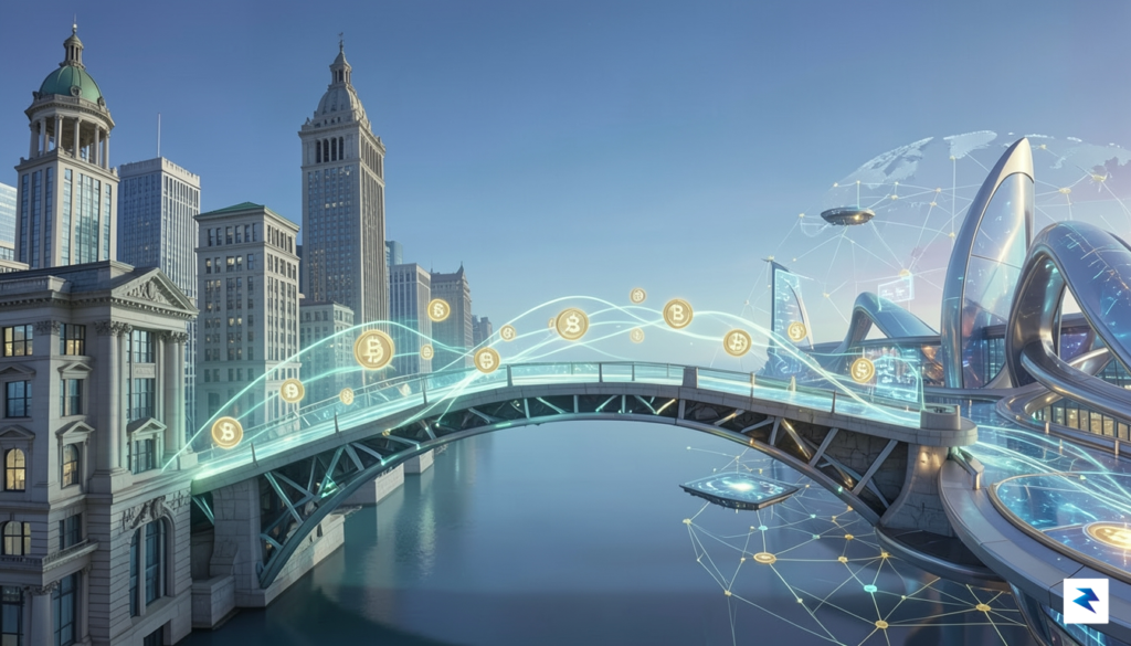 A conceptual digital illustration showing a glowing, stable bridge connecting…