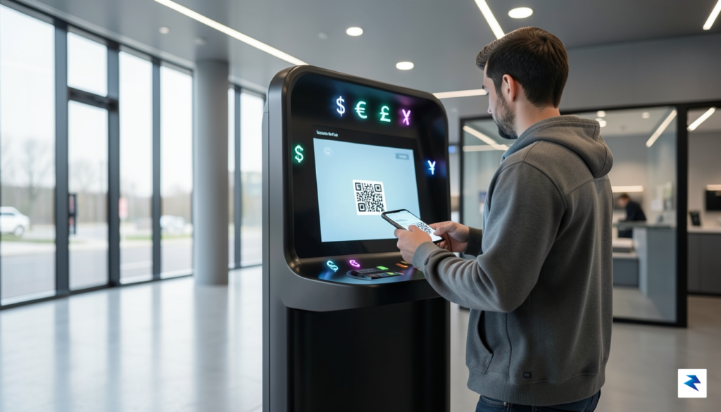 A modern, high-tech retail environment showing a customer using a…