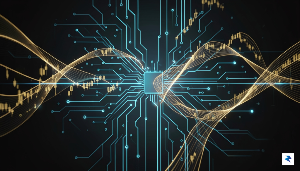 A stylized, modern visualization of digital circuits and gold-colored financial…