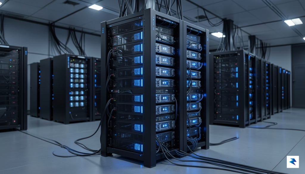 A sleek, high-tech data center server rack glowing with blue…
