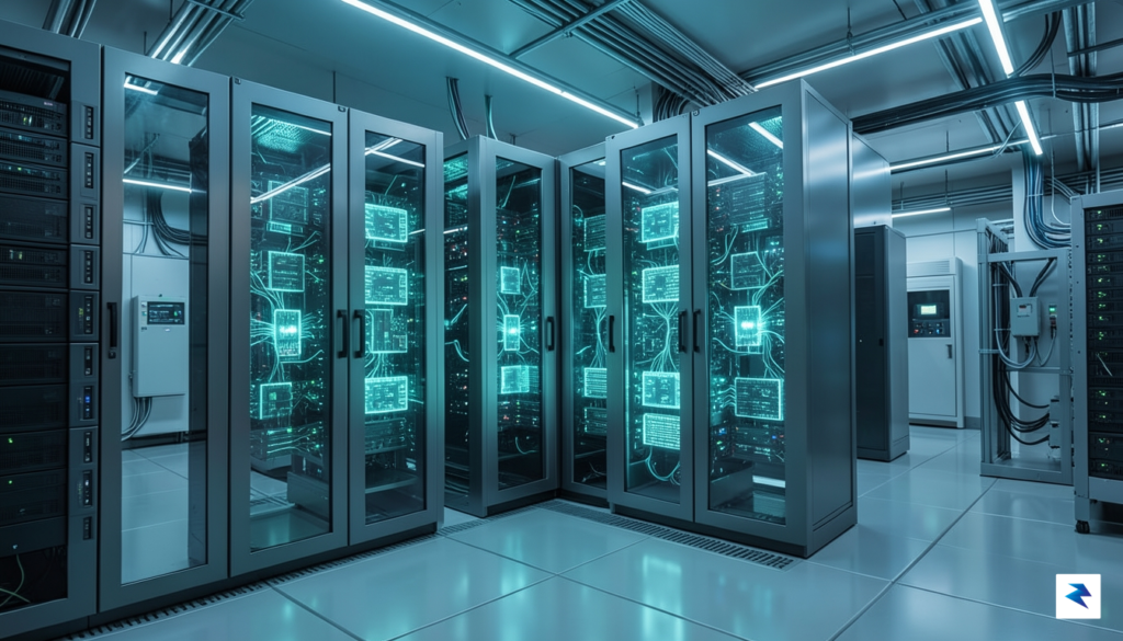 A sleek, high-tech data center interior focusing on glowing, specialized…