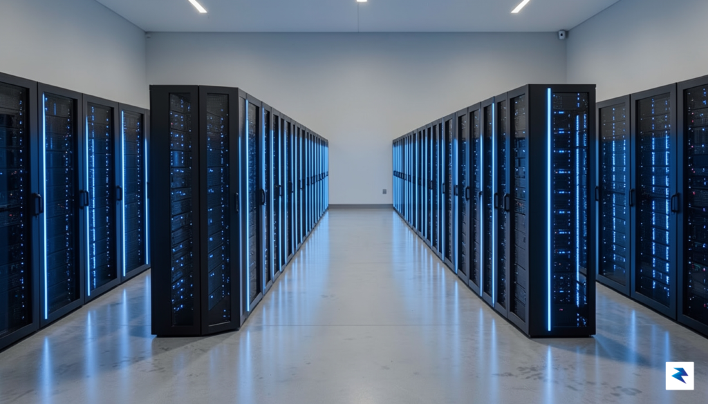 A sleek, modern data center floor with glowing blue server…