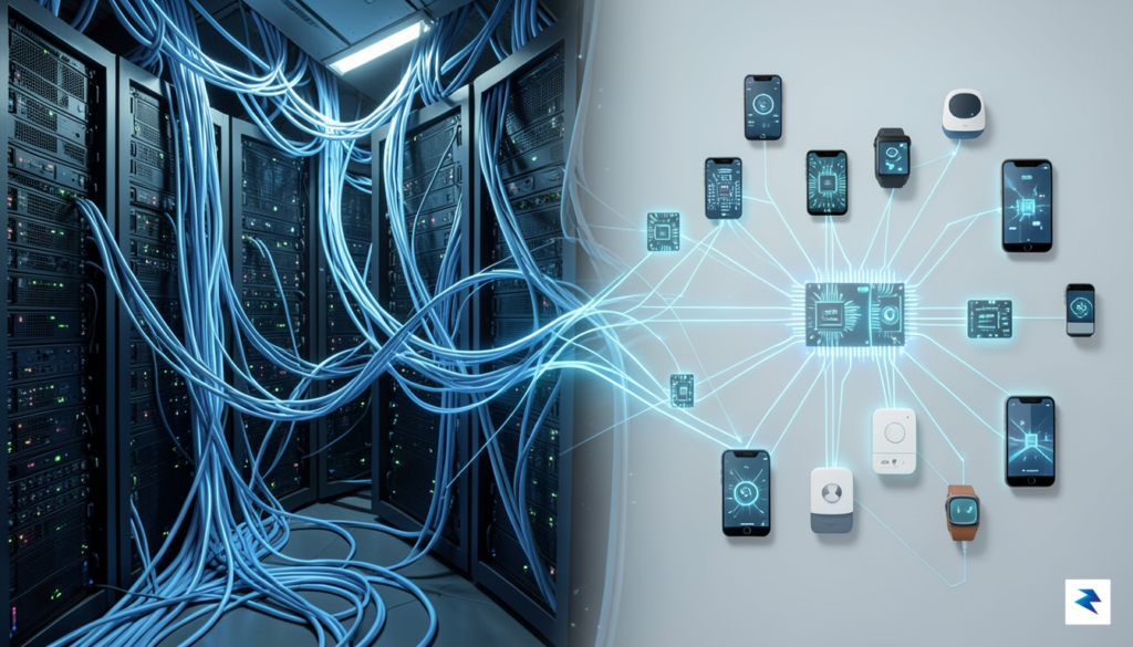 A conceptual digital illustration showing a transition from a massive,…