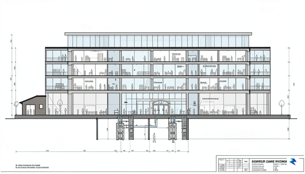 An architectural cross-section diagram showing a multi-story urban big-box retailer&hellip;