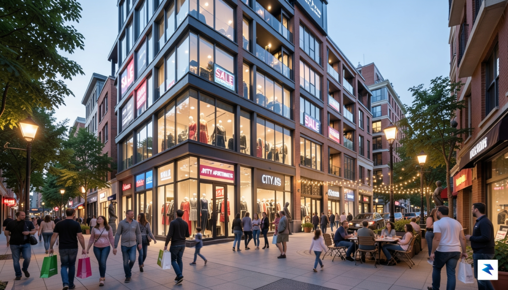 A bustling urban street scene at dusk, with modern mixed-use&hellip;