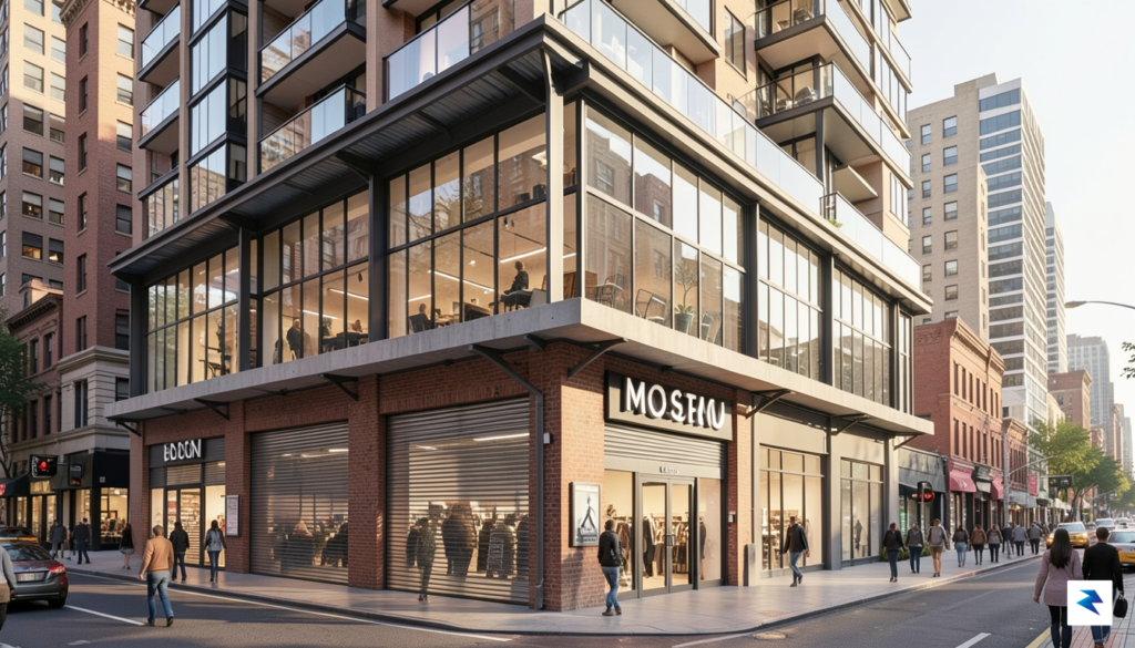 An architectural rendering showing a multi-story retail building in a&hellip;