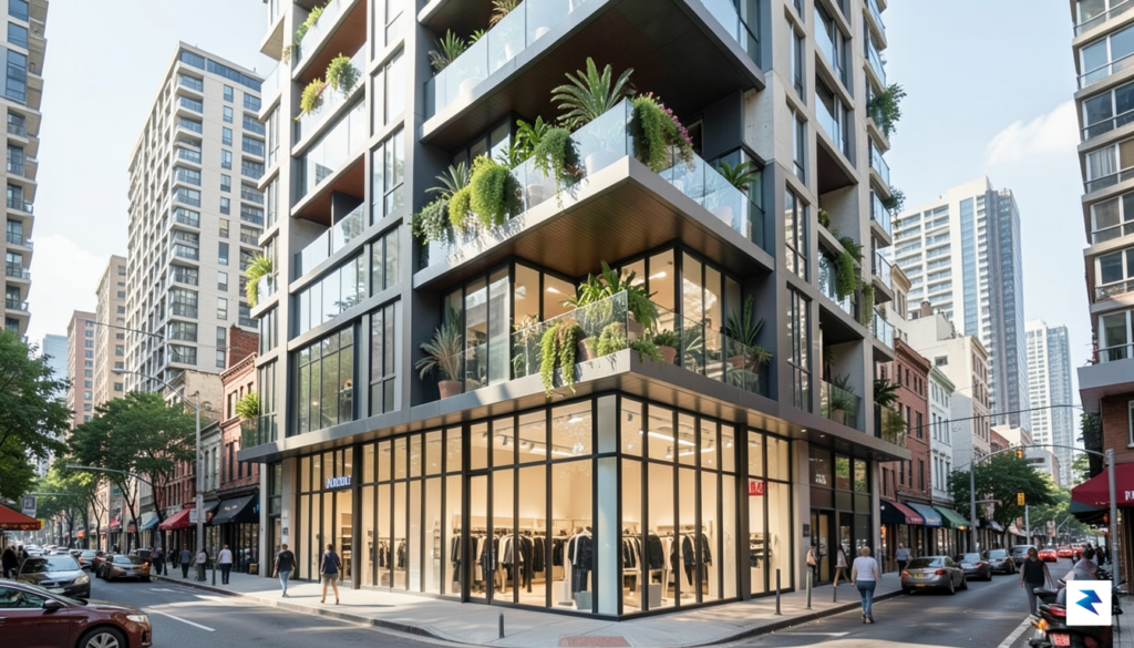 A modern, multi-story mixed-use building in a dense urban neighborhood,&hellip;