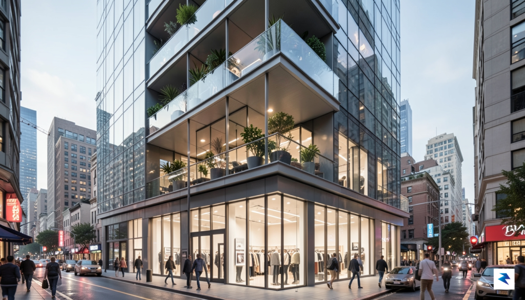 A modern, glass-fronted multi-story building in a bustling city center,&hellip;