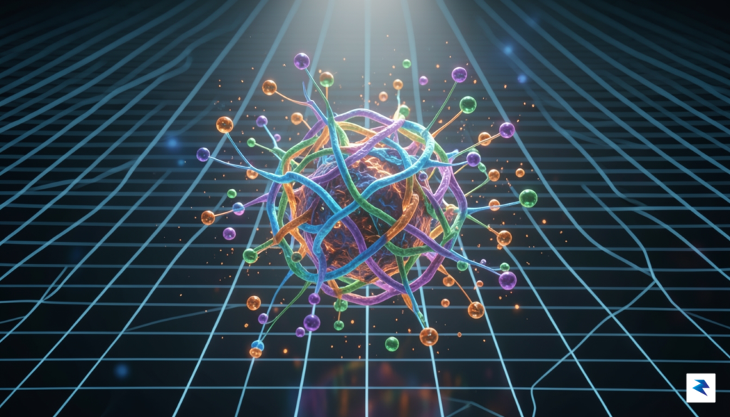 A complex, abstract 3D visualization showing a glowing, multi-colored protein…