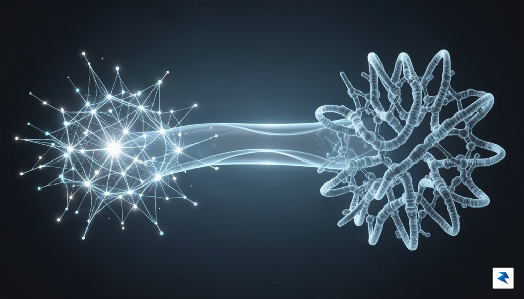 A conceptual visualization showing a bridge connecting a glowing, digital…