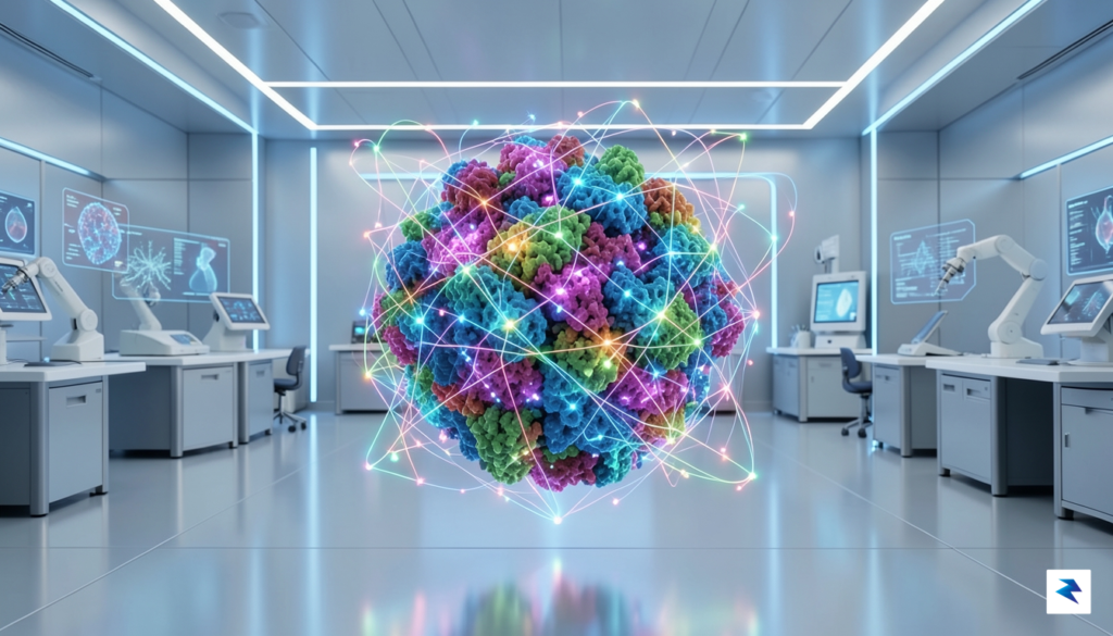 A digital visualization of a complex protein structure glowing with…
