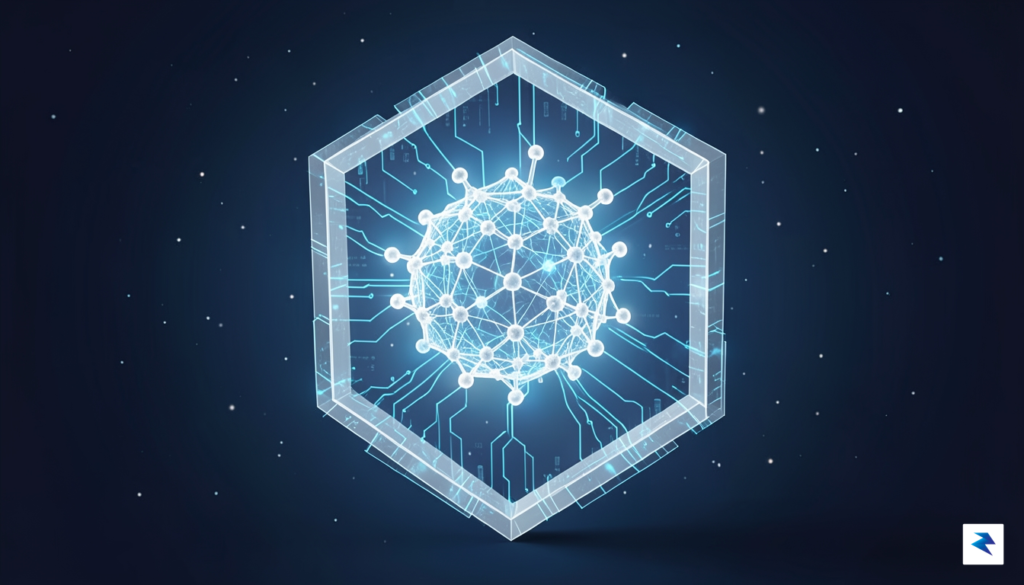 An abstract digital representation of a secure, layered network shield…