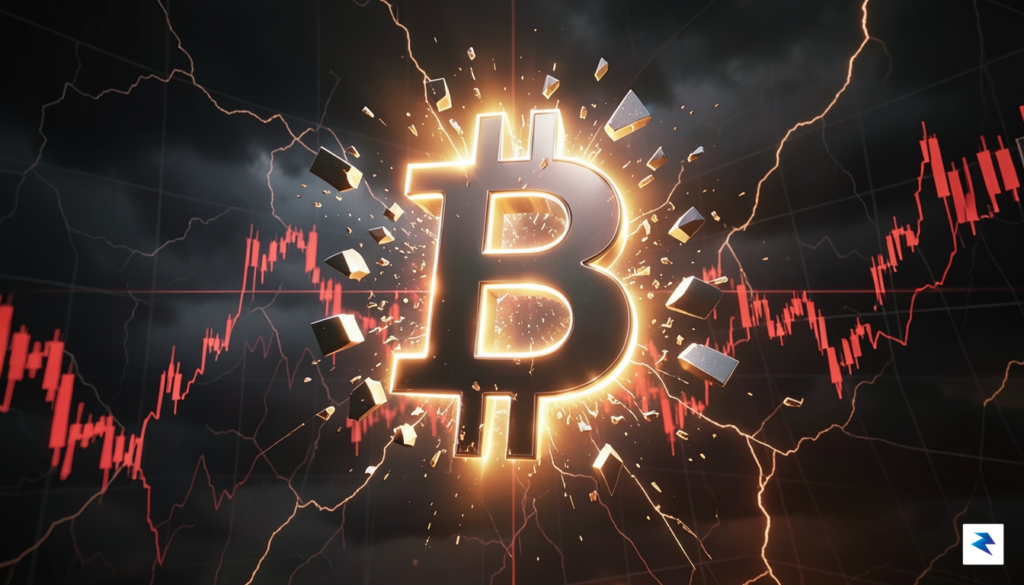 A digital art representation of a glowing Bitcoin symbol fragmenting…