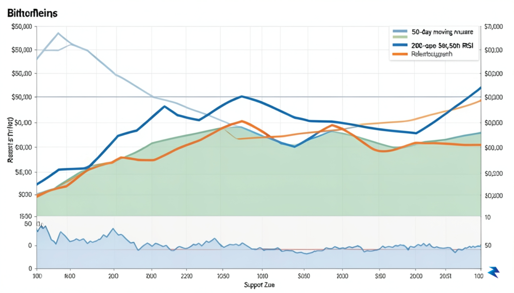 A professional financial chart showing Bitcoin's price movement with overlay…