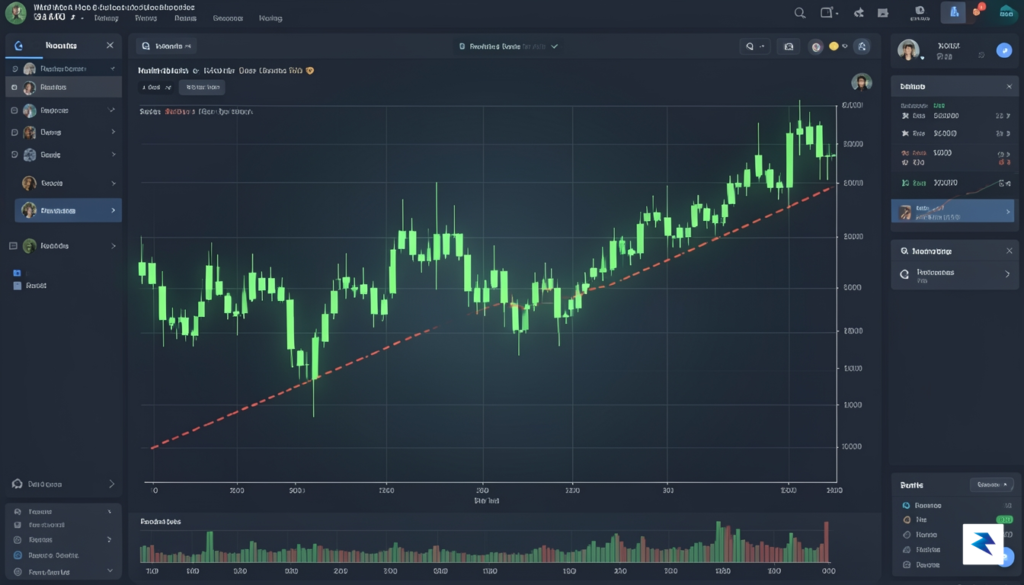 A digital visualization of a vibrant green candlestick chart breaking…