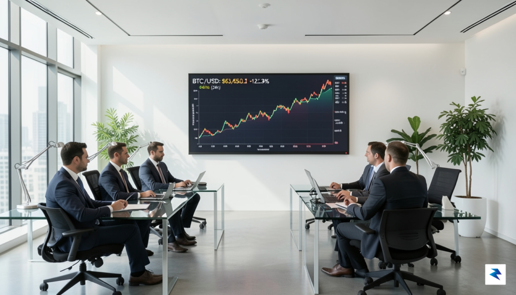 A sleek, modern office setting with institutional traders looking at…