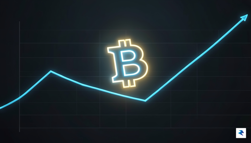 A digital visualization showing a steady, upward-trending stock market graph…