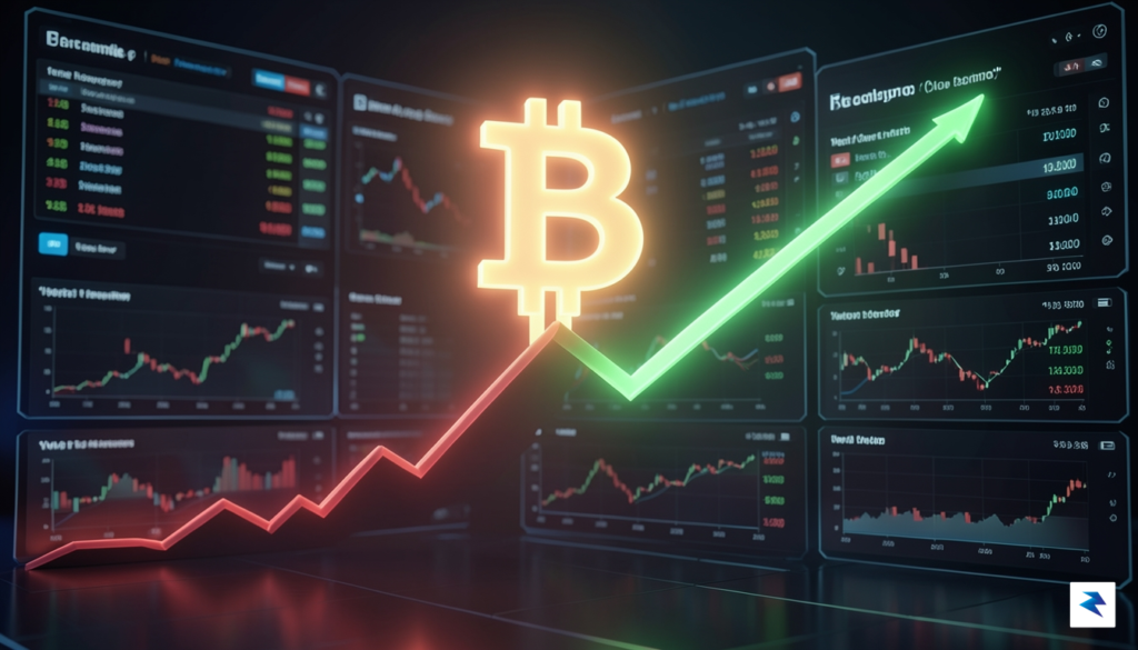 A digital visualization showing a glowing Bitcoin symbol rising above&hellip;
