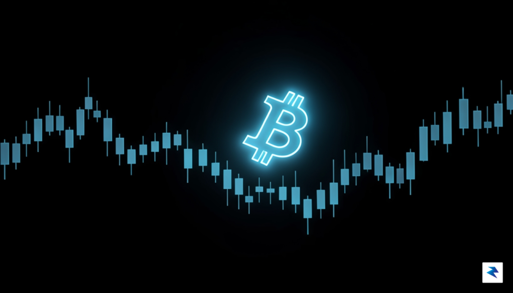 A digital visualization of a thin, glowing candlestick chart on&hellip;